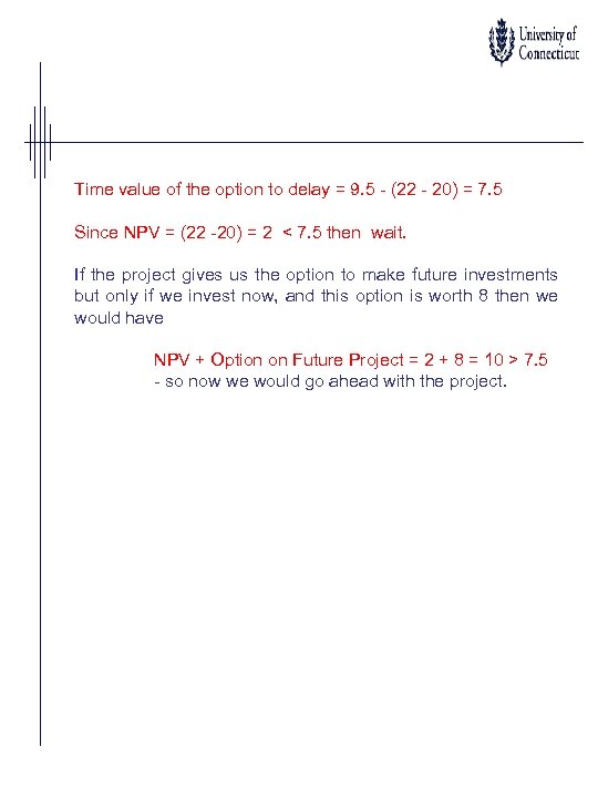 Time value of the option to delay = 9. 5 - (22 - 20)