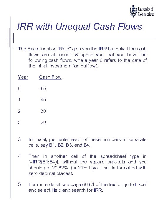 IRR with Unequal Cash Flows The Excel function “Rate” gets you the IRR but