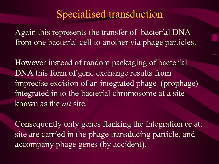 Specialised transduction Again this represents the transfer of bacterial DNA from one bacterial cell