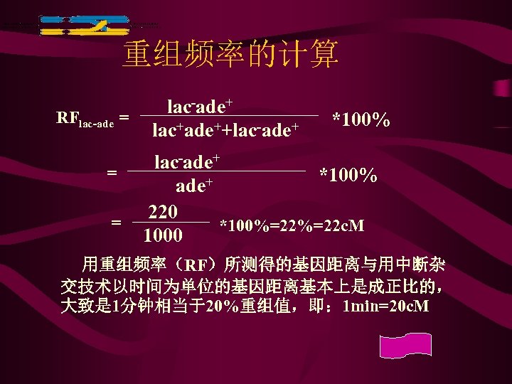 重组频率的计算 lac-ade+ RFlac-ade = lac+ade++lac-ade+ *100% lac-ade+ = *100% + ade 220 = *100%=22
