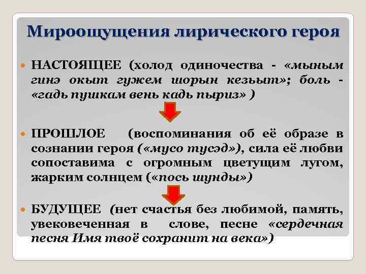 Мироощущения лирического героя НАСТОЯЩЕЕ (холод одиночества - «мыным гинэ окыт гужем шорын кезьыт» ;