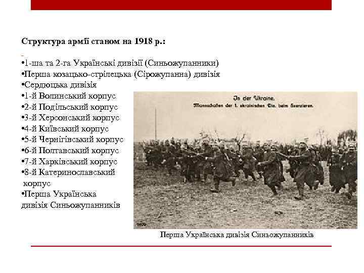 Структура армії станом на 1918 р. : • 1 -ша та 2 -га Українські