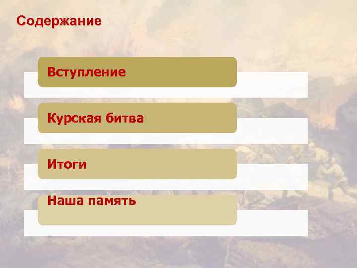 Содержание Вступление Курская битва Итоги Наша память 