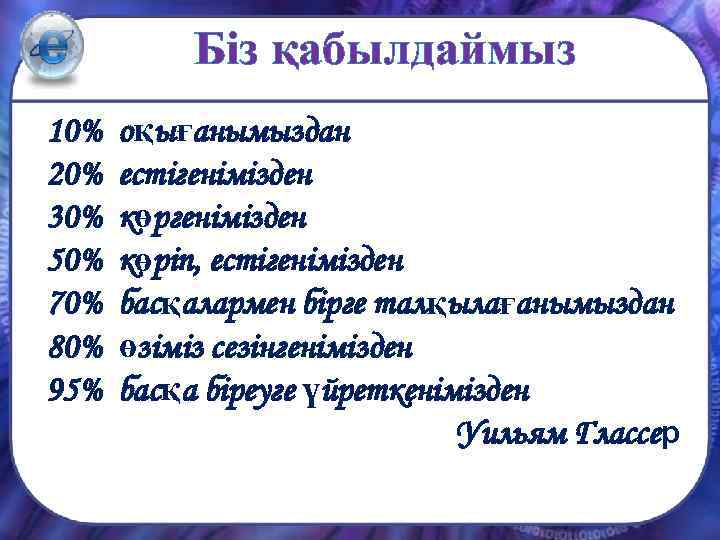 Біз қабылдаймыз 10% 20% 30% 50% 70% 80% 95% оқығанымыздан естігенімізден көріп, естігенімізден басқалармен