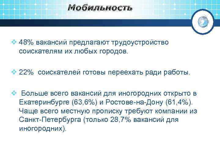 Мобильность v 48% вакансий предлагают трудоустройство соискателям их любых городов. v 22% соискателей готовы