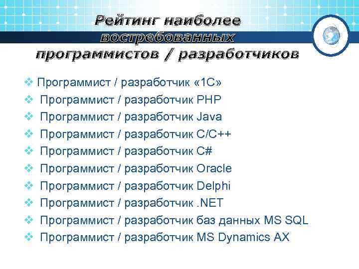 Рейтинг наиболее востребованных программистов / разработчиков v Программист / разработчик « 1 С» v