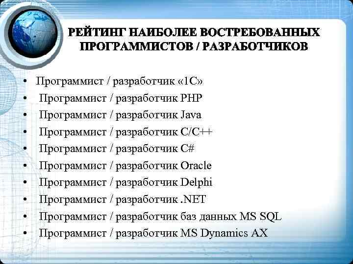  • • • Программист / разработчик « 1 С» Программист / разработчик PHP