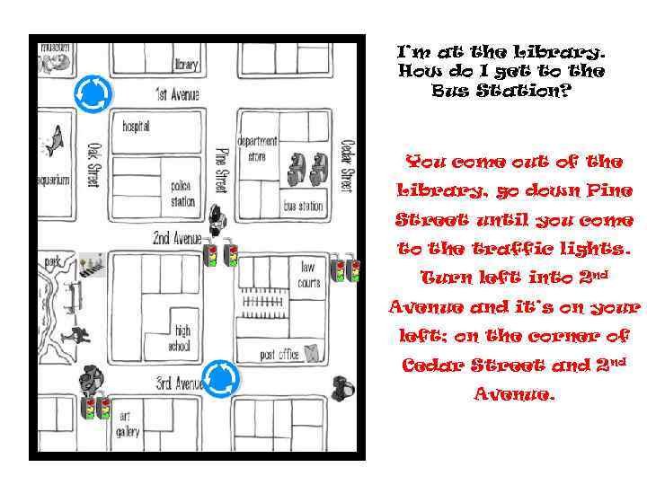 I’m at the Library. How do I get to the Bus Station? You come