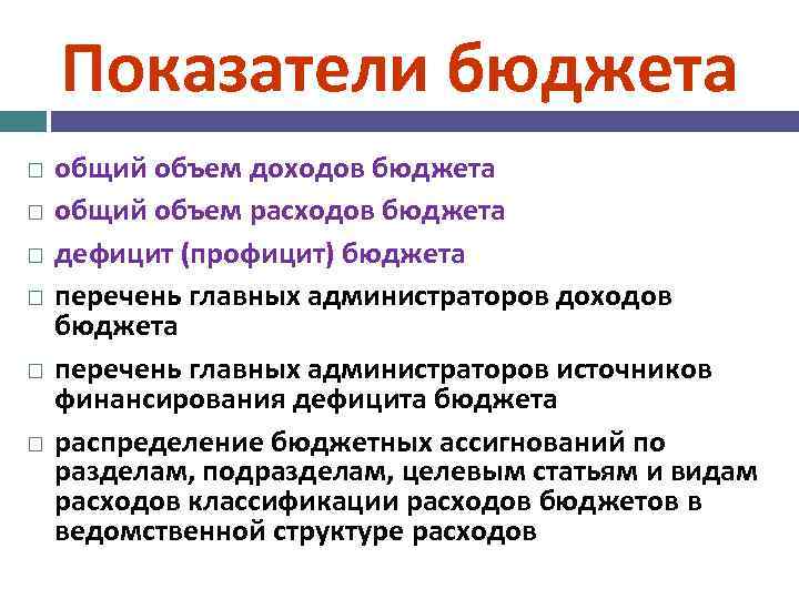 Показатели бюджета общий объем доходов бюджета общий объем расходов бюджета дефицит (профицит) бюджета перечень