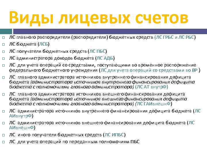 Виды лицевых счетов ЛС главного распорядителя (распорядителя) бюджетных средств (ЛС ГРБС и ЛС РБС)