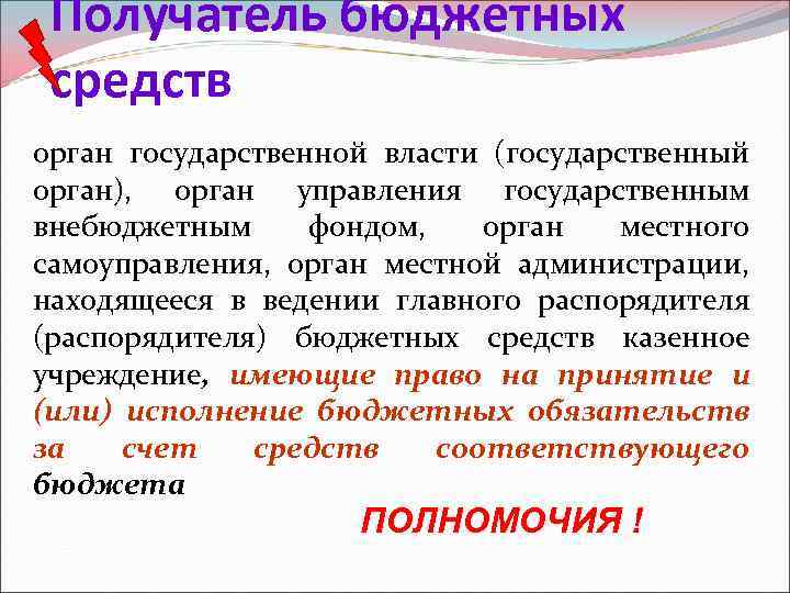 Получатель бюджетных средств орган государственной власти (государственный орган), орган управления государственным внебюджетным фондом, орган
