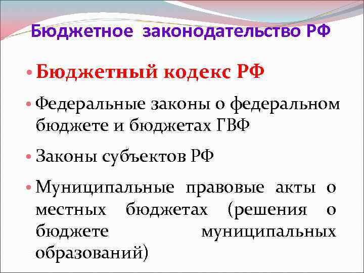 Бюджетное законодательство РФ • Бюджетный кодекс РФ • Федеральные законы о федеральном бюджете и
