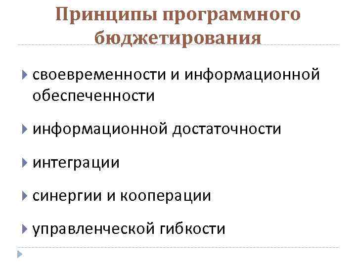 Принципы программного бюджетирования своевременности и информационной обеспеченности информационной достаточности интеграции синергии и кооперации управленческой