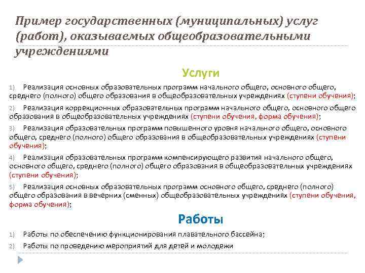 Пример государственных (муниципальных) услуг (работ), оказываемых общеобразовательными учреждениями Услуги Реализация основных образовательных программ начального