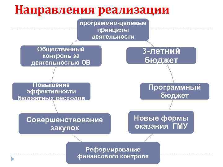 Направления реализации программно-целевые принципы деятельности Общественный контроль за деятельностью ОВ Повышение эффективности бюджетных расходов