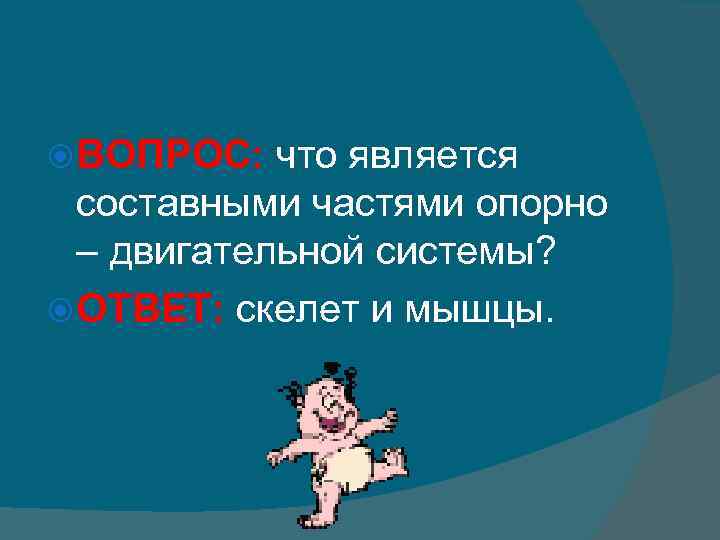  ВОПРОС: что является составными частями опорно – двигательной системы? ОТВЕТ: скелет и мышцы.