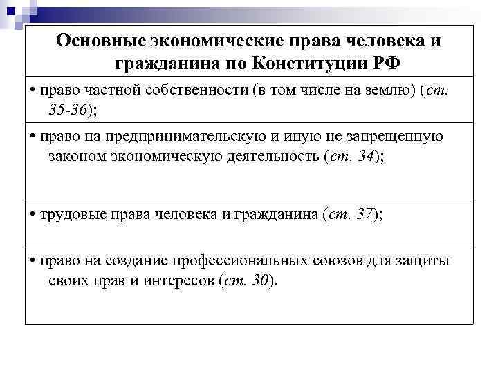 Основные экономические права человека и гражданина по Конституции РФ • право частной собственности (в