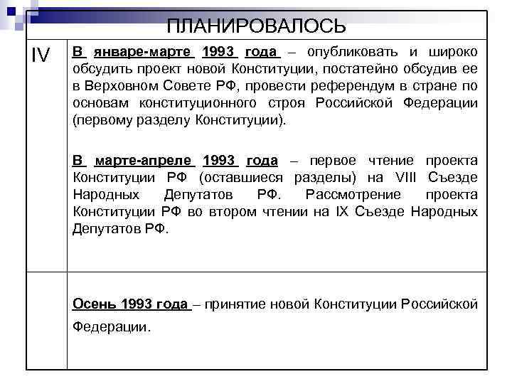 ПЛАНИРОВАЛОСЬ IV В январе-марте 1993 года – опубликовать и широко обсудить проект новой Конституции,