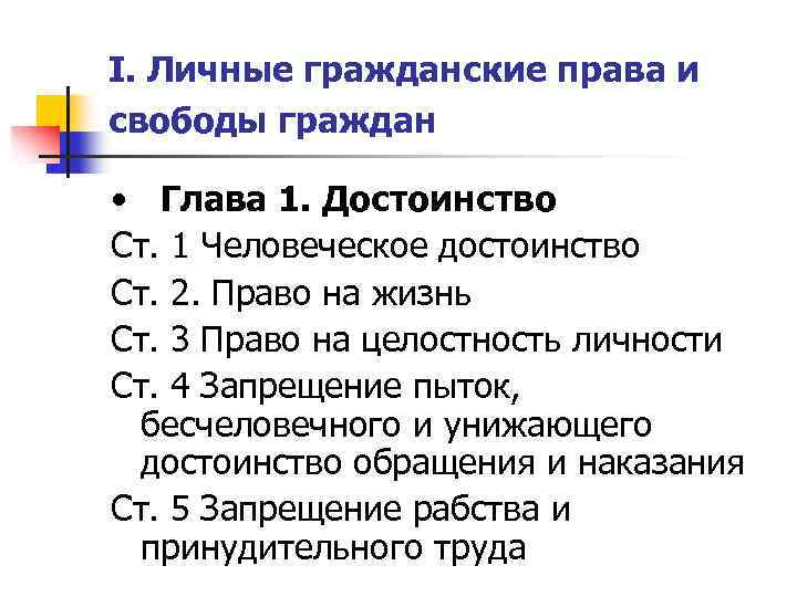 I. Личные гражданские права и свободы граждан • Глава 1. Достоинство Ст. 1 Человеческое