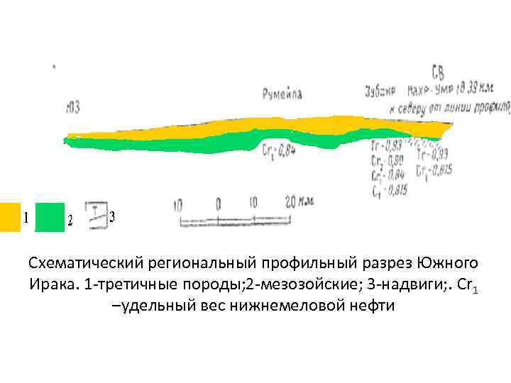 Схематический региональный профильный разрез Южного Ирака. 1 -третичные породы; 2 -мезозойские; 3 -надвиги; .