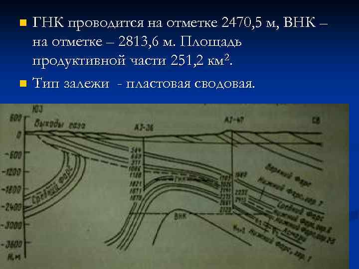 ГНК проводится на отметке 2470, 5 м, ВНК – на отметке – 2813, 6
