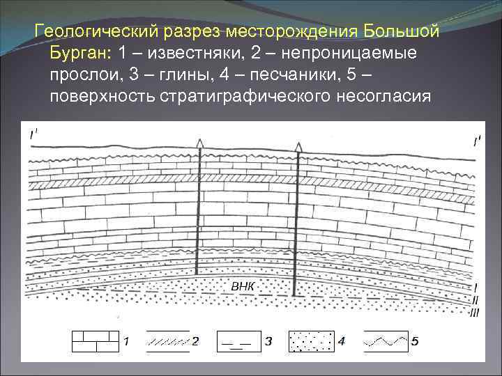 Геологический разрез месторождения Большой Бурган: 1 – известняки, 2 – непроницаемые прослои, 3 –