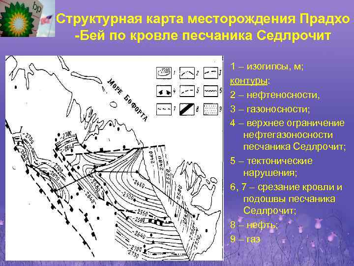 Структурная карта месторождения Прадхо -Бей по кровле песчаника Седлрочит 1 – изогипсы, м; контуры: