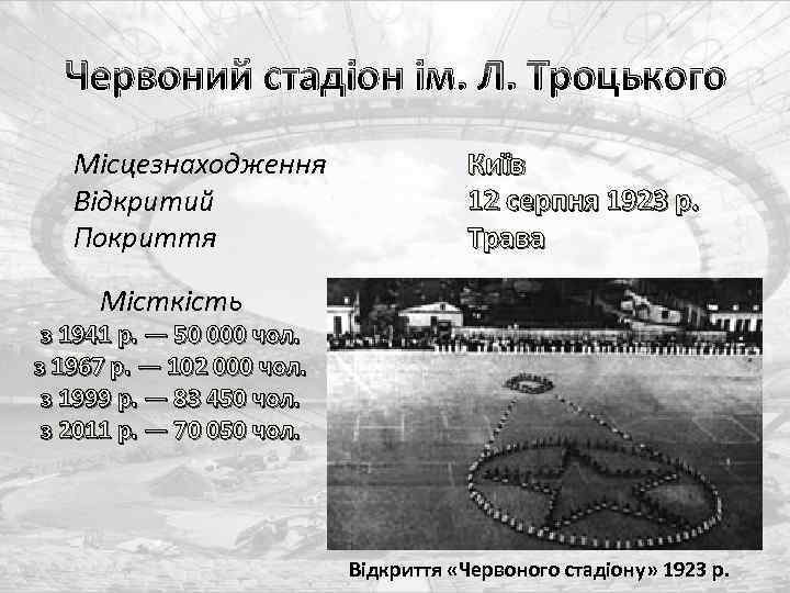 Червоний стадіон ім. Л. Троцького Місцезнаходження Відкритий Покриття Київ 12 серпня 1923 р. Трава