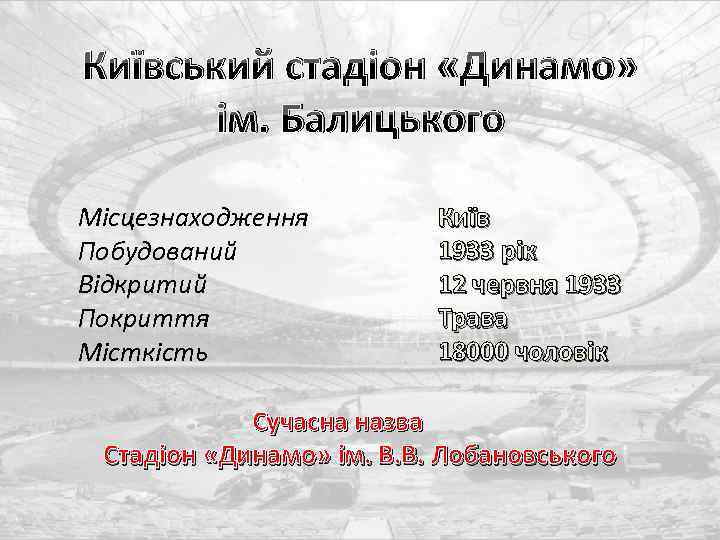 Київський стадіон «Динамо» ім. Балицького Місцезнаходження Побудований Відкритий Покриття Місткість Київ 1933 рік 12