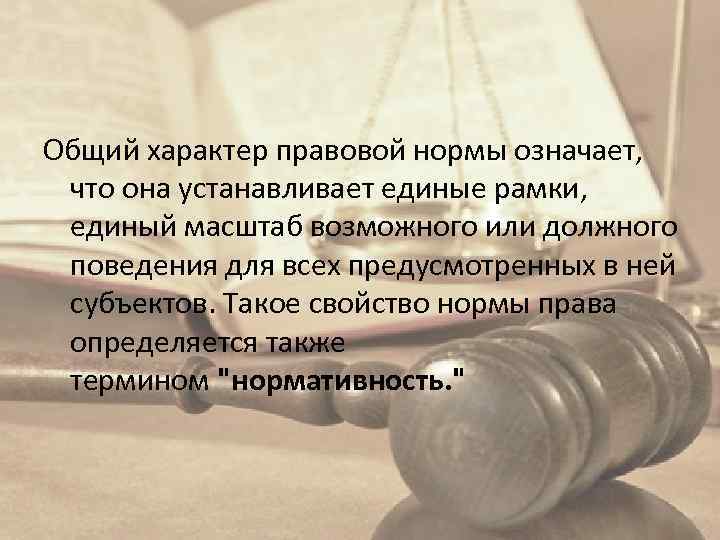 Общий характер правовой нормы означает, что она устанавливает единые рамки, единый масштаб возможного или