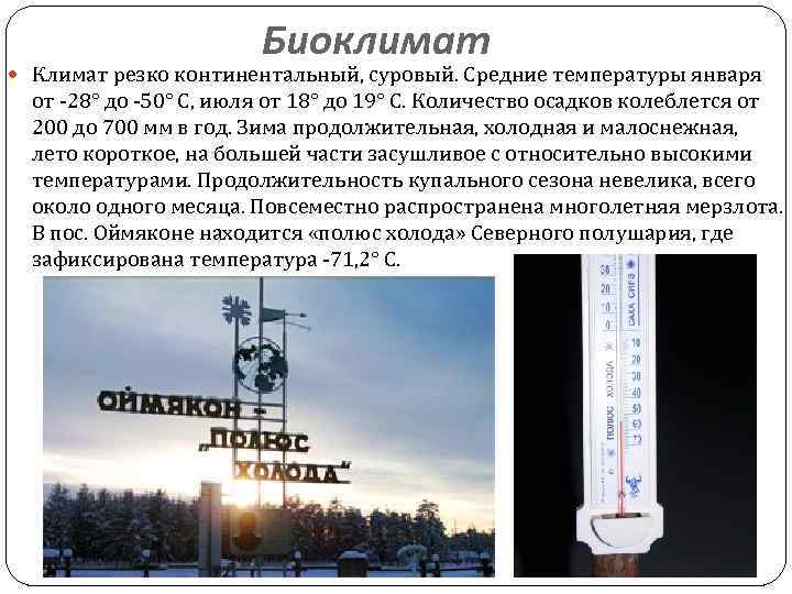 Биоклимат Климат резко континентальный, суровый. Средние температуры января от -28° до -50° С, июля