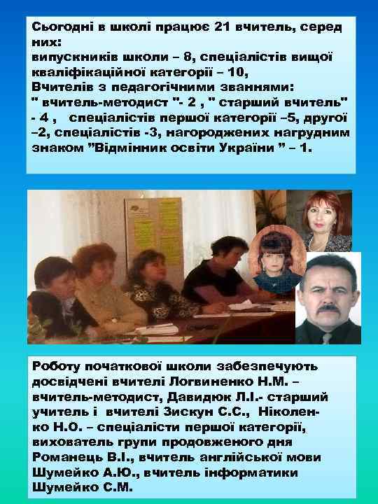 Сьогодні в школі працює 21 вчитель, серед них: випускників школи – 8, спеціалістів вищої