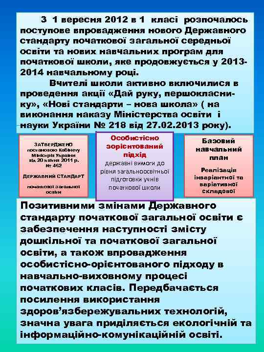 З 1 вересня 2012 в 1 класі розпочалось поступове впровадження нового Державного стандарту початкової