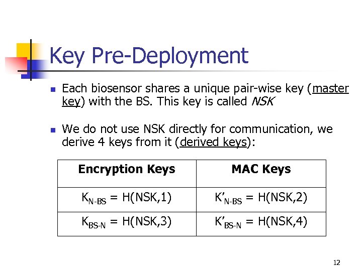 Key Pre-Deployment n n Each biosensor shares a unique pair-wise key (master key) with