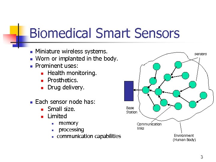 Biomedical Smart Sensors n n Miniature wireless systems. Worn or implanted in the body.
