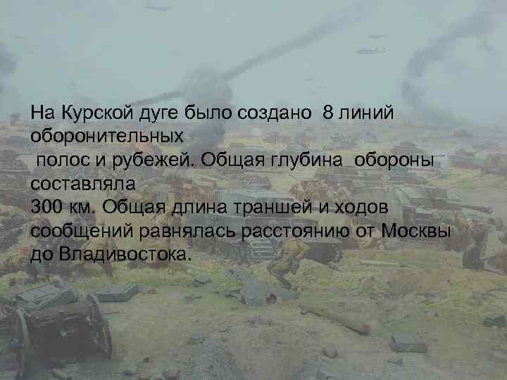 На Курской дуге было создано 8 линий оборонительных полос и рубежей. Общая глубина обороны