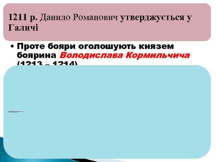 1211 р. Данило Романович утверджується у Галичі • Проте бояри оголошують князем боярина Володислава