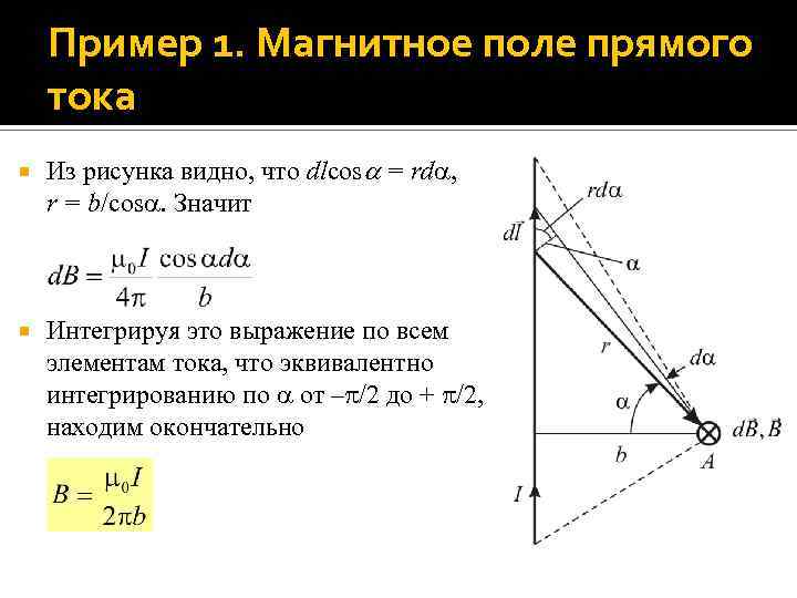 Пример 1. Магнитное поле прямого тока Из рисунка видно, что dlcos = rd ,