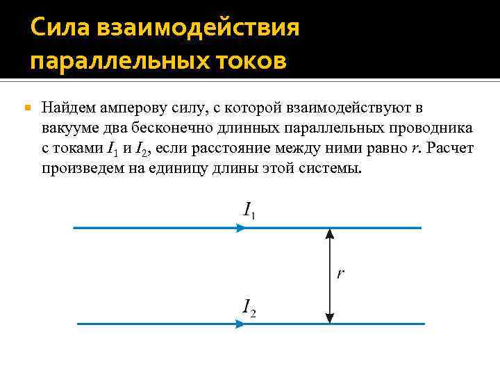 Сила взаимодействия параллельных токов Найдем амперову силу, с которой взаимодействуют в вакууме два бесконечно