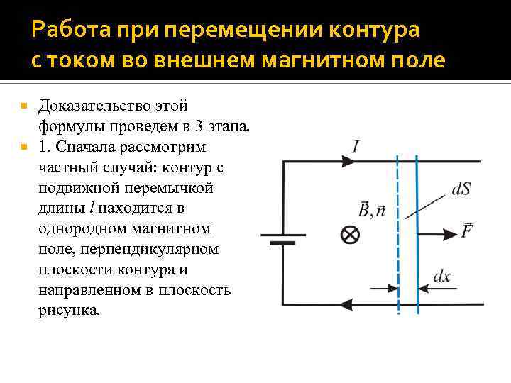 Работа при перемещении контура с током во внешнем магнитном поле Доказательство этой формулы проведем