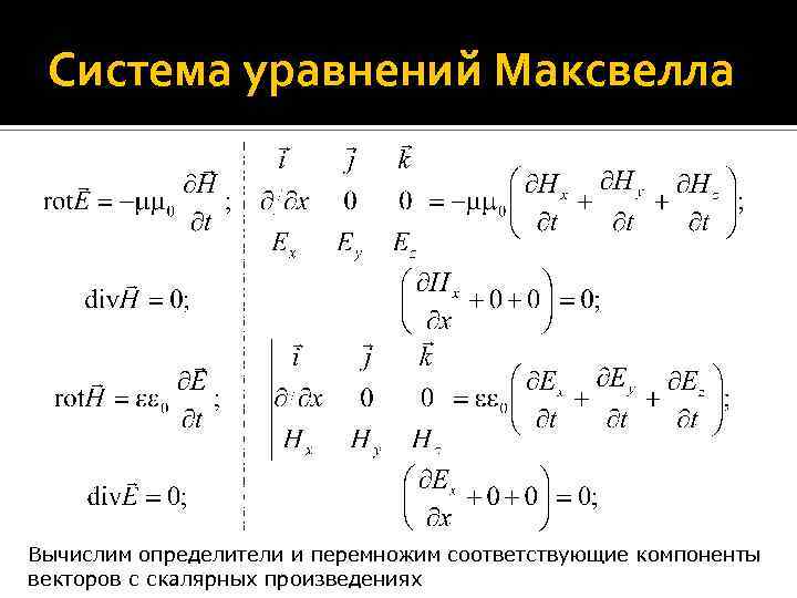 Система уравнений Максвелла Вычислим определители и перемножим соответствующие компоненты векторов с скалярных произведениях 