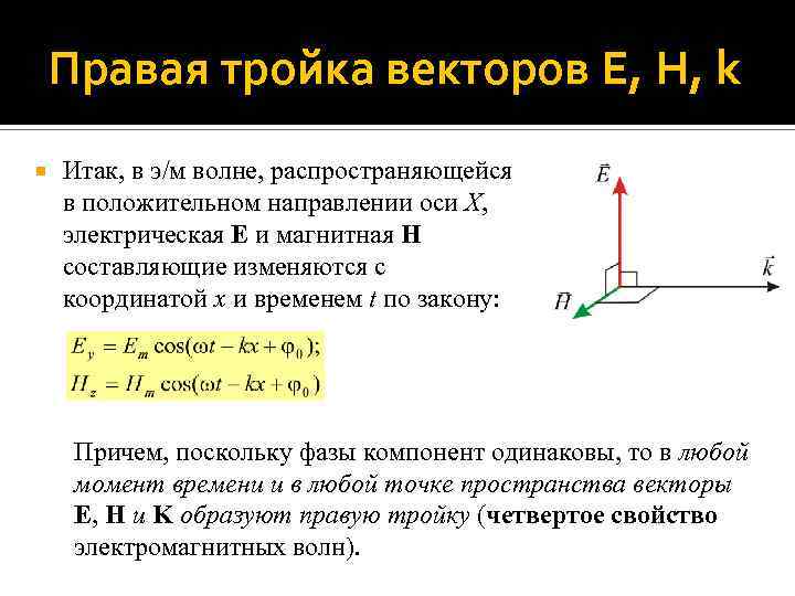 Правая тройка векторов E, Н, k Итак, в э/м волне, распространяющейся в положительном направлении