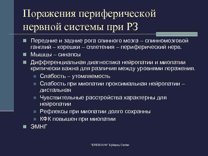 Поражения периферической нервной системы при РЗ n Передние и задние рога спинного мозга –