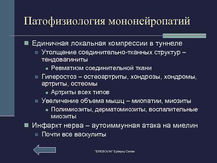 Патофизиология мононейропатий n Единичная локальная компрессии в туннеле n Утолщение соединительно-тканных структур – тендовагиниты