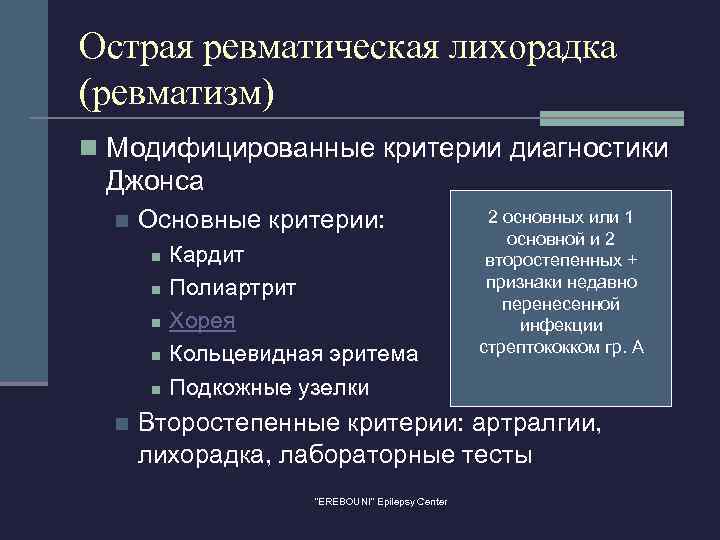 Острая ревматическая лихорадка (ревматизм) n Модифицированные критерии диагностики Джонса n Основные критерии: n n