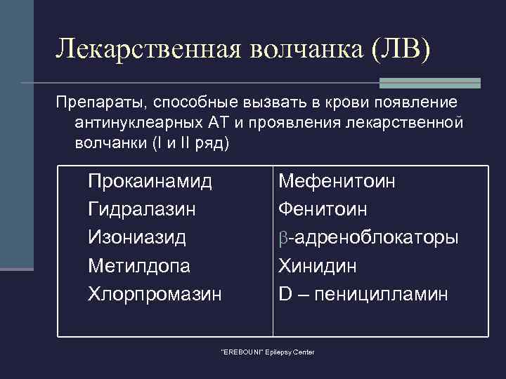 Лекарственная волчанка (ЛВ) Препараты, способные вызвать в крови появление антинуклеарных АТ и проявления лекарственной