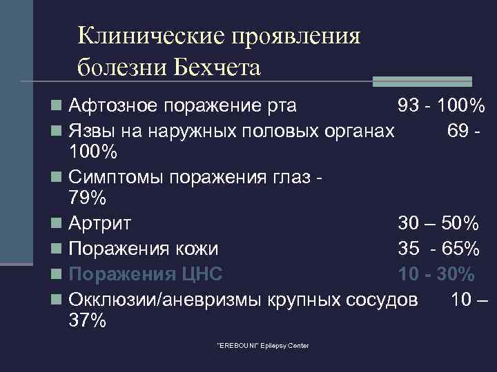 Клинические проявления болезни Бехчета n Афтозное поражение рта 93 - 100% n Язвы на