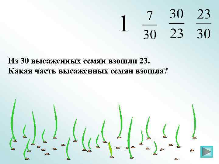 Из 30 высаженных семян взошли 23. Какая часть высаженных семян взошла? 