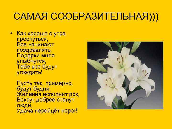 САМАЯ СООБРАЗИТЕЛЬНАЯ))) • Как хорошо с утра проснуться, Все начинают поздравлять, Подарки мило улыбнутся,