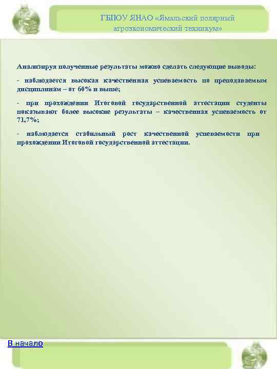 ГБПОУ ЯНАО «Ямальский полярный агроэкономический техникум» Анализируя полученные результаты можно сделать следующие выводы: -